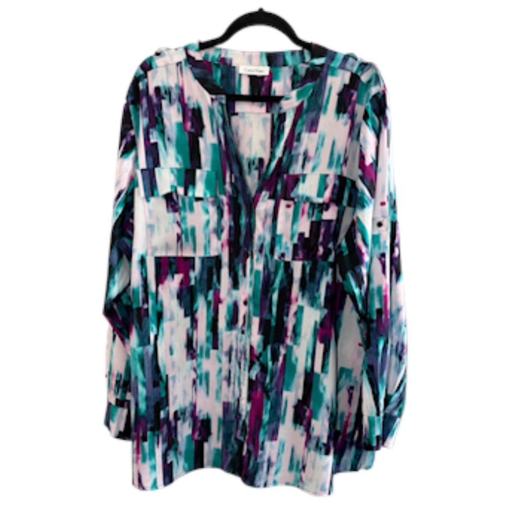 Calvin Klein Abstract Print Button-Front Blouse in Teal, Purple, White